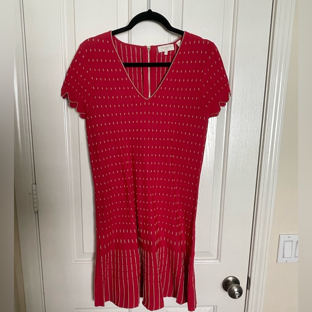 Ted Baker, Red dress, cap sleeves and gold stitching!